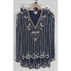 Vintage Judith Ann Creations Sz. S Sequin & Silk 3 Piece Navy & Silver Skirt Set